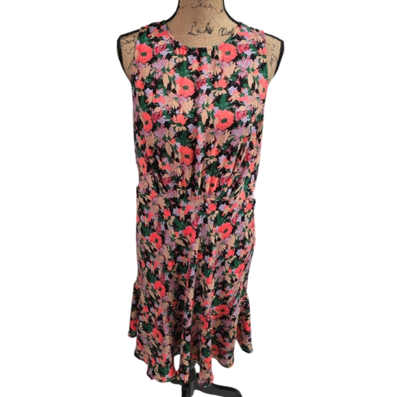 J. Crew Mercantile Neon Floral Ruched Waist Dress Size 14 - Picture 2 of 8